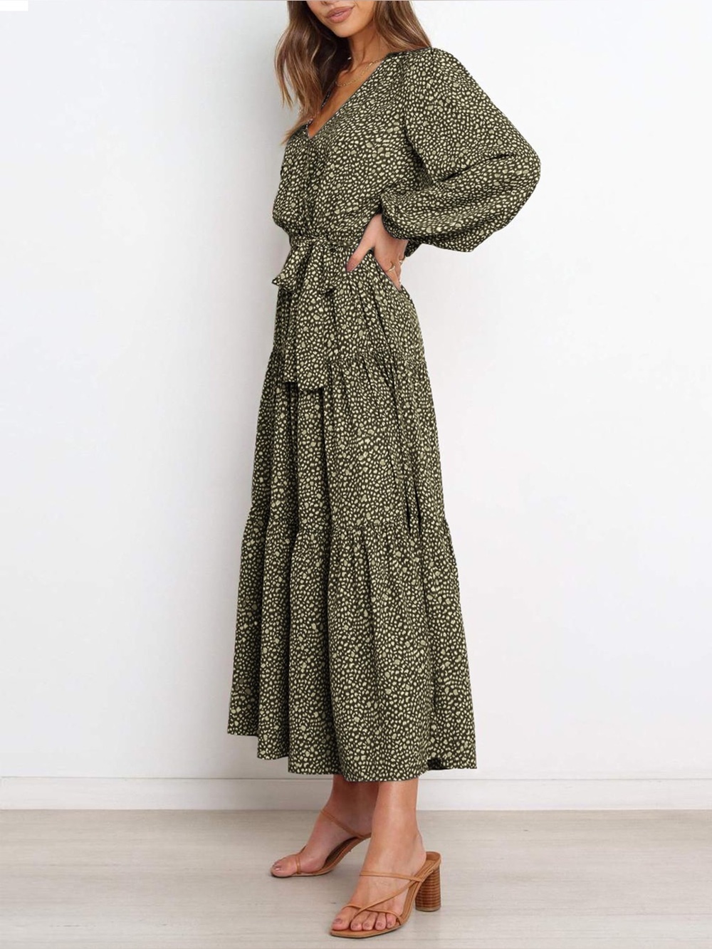 PRETTYGARDEN Women's Long Sleeve V Neck Print Ruffle Maxi Dress Boho Chiffon med